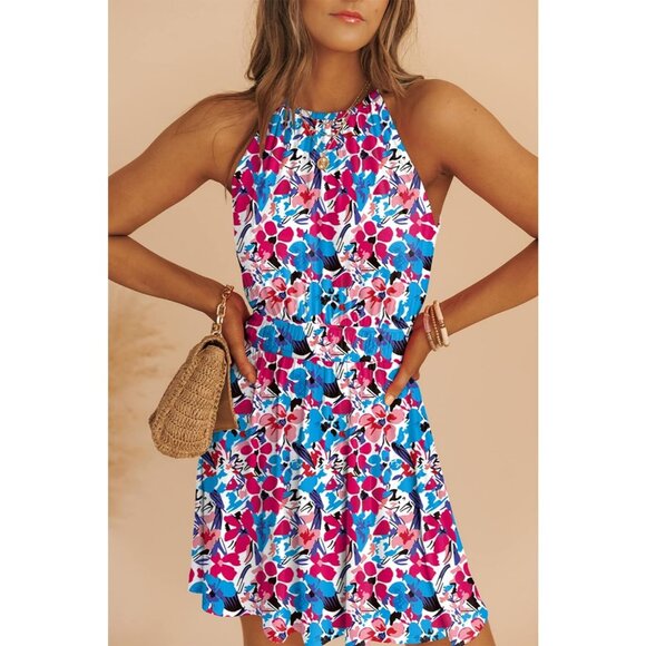 Women Summer Floral Sundress Sleeveless Summer Mini Swing Dresses with Pockets - Picture 6 of 8
